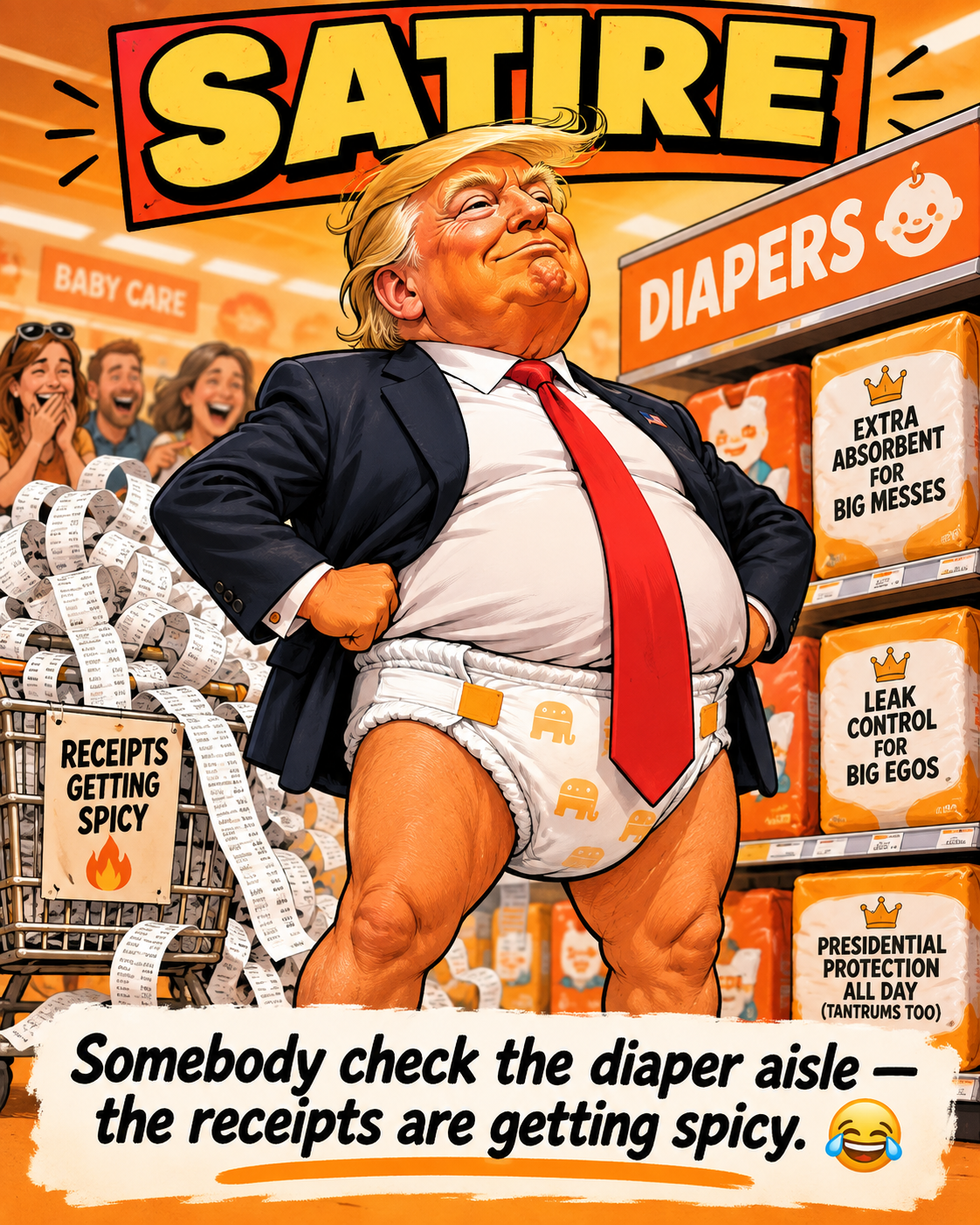 Satirical poster of Donald Trump in a diaper aisle with the caption 'Somebody check the diaper aisle — the receipts are getting spicy.'