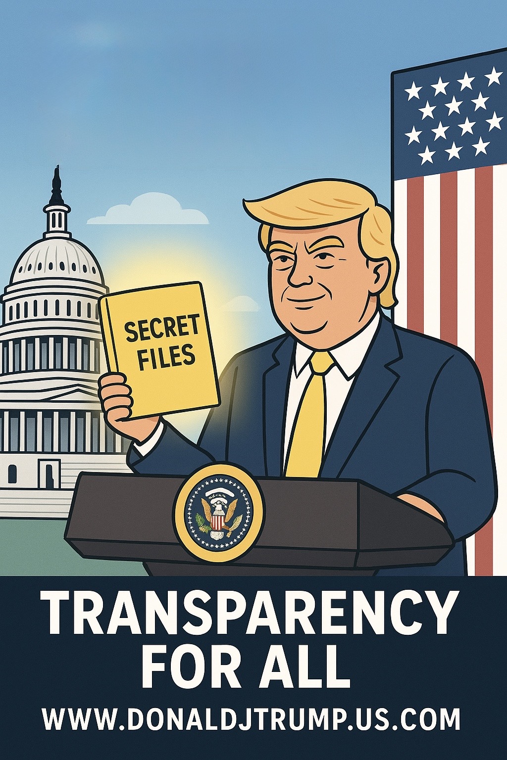 Satirical transparency poster showing Donald Trump holding a folder labeled Secret Files
